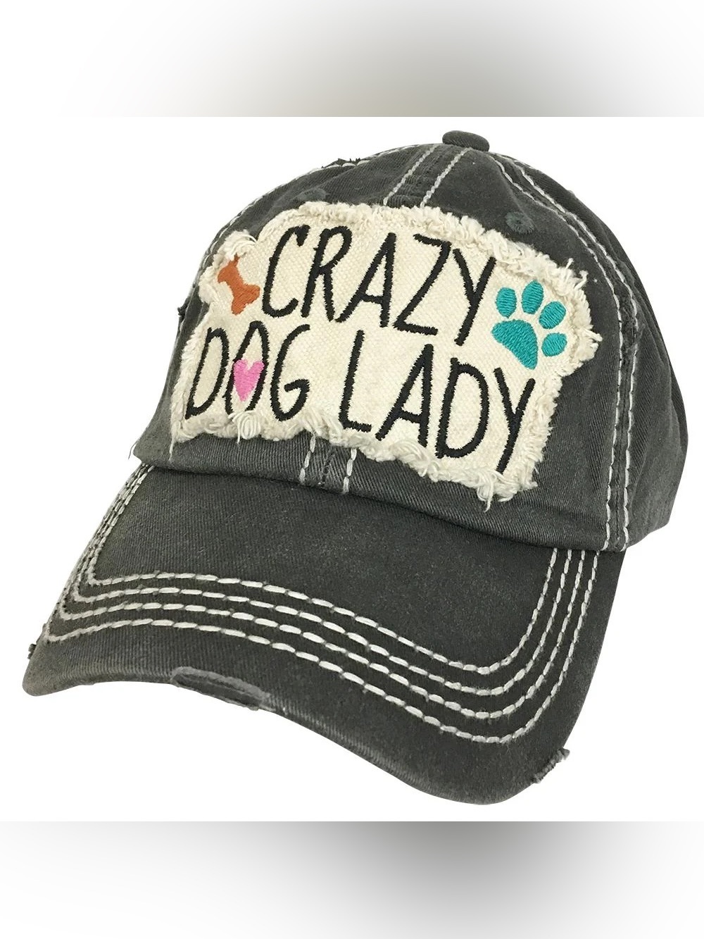 KBETHOS Charcoal 'Crazy Dog Lady' Cap with Teal Paw, Orange Bone & Pink Heart